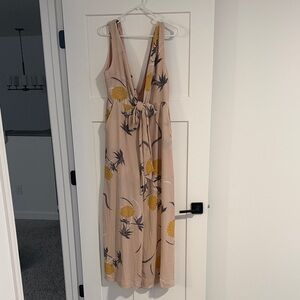 Sleeveless Floral Tie-Front Maxi Romper in Blush with Yellow Print